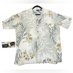WFF Men's Hawaiian Short Sleeve 100% Silk Shirt Floral Print Green/Tan Sz Large
